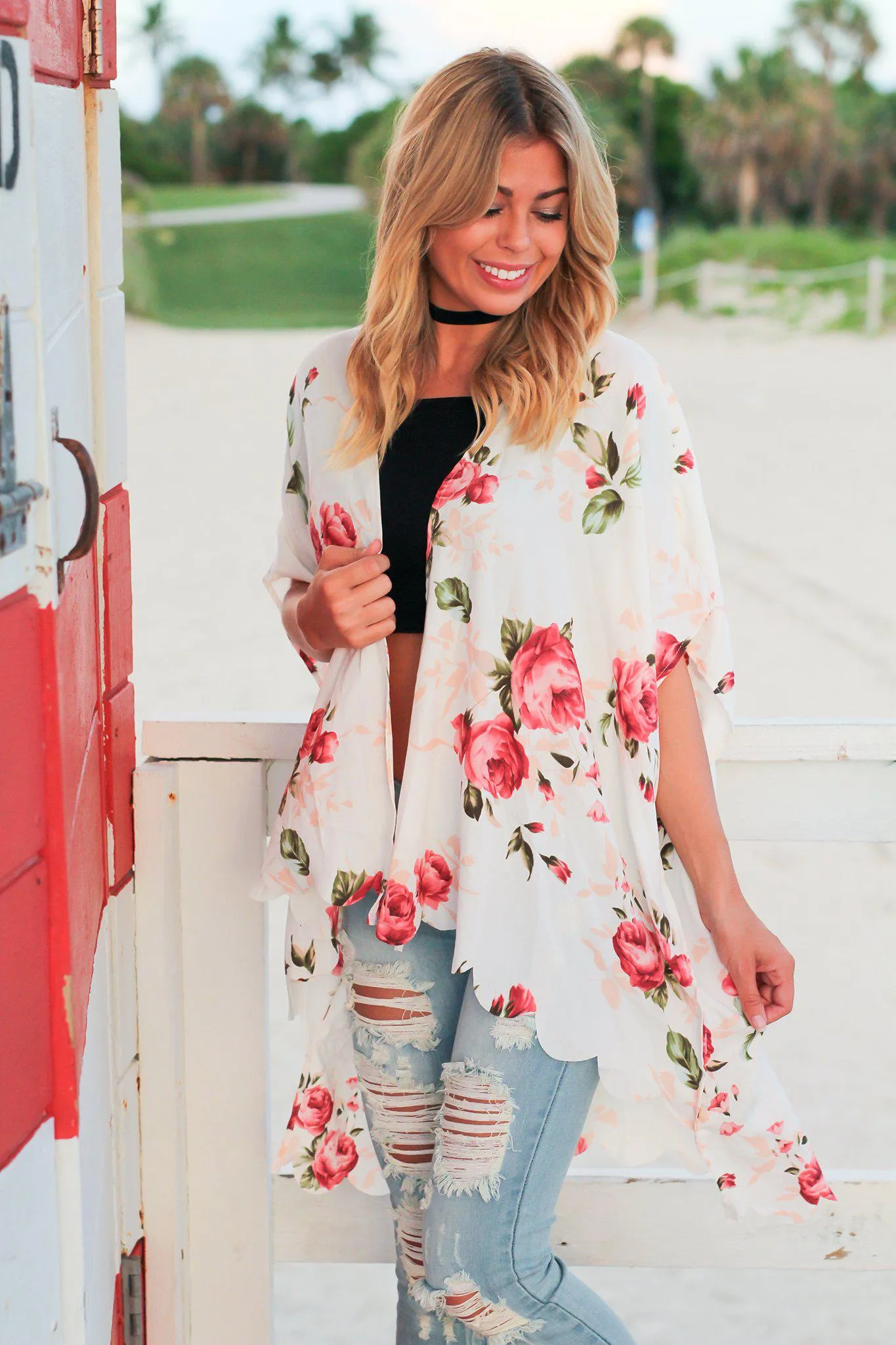 Ivory Floral Scalloped Kimono