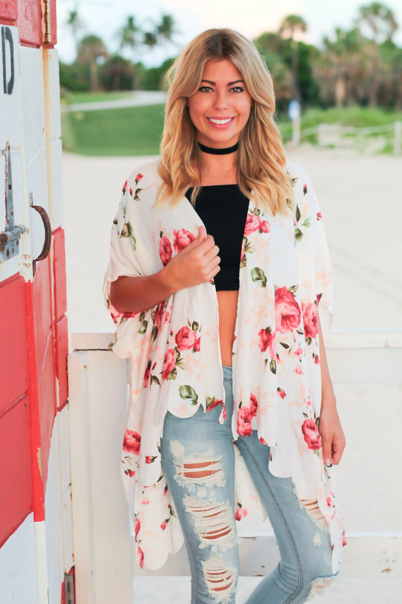 Ivory Floral Scalloped Kimono