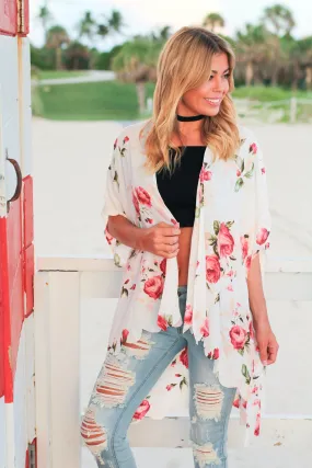 Ivory Floral Scalloped Kimono