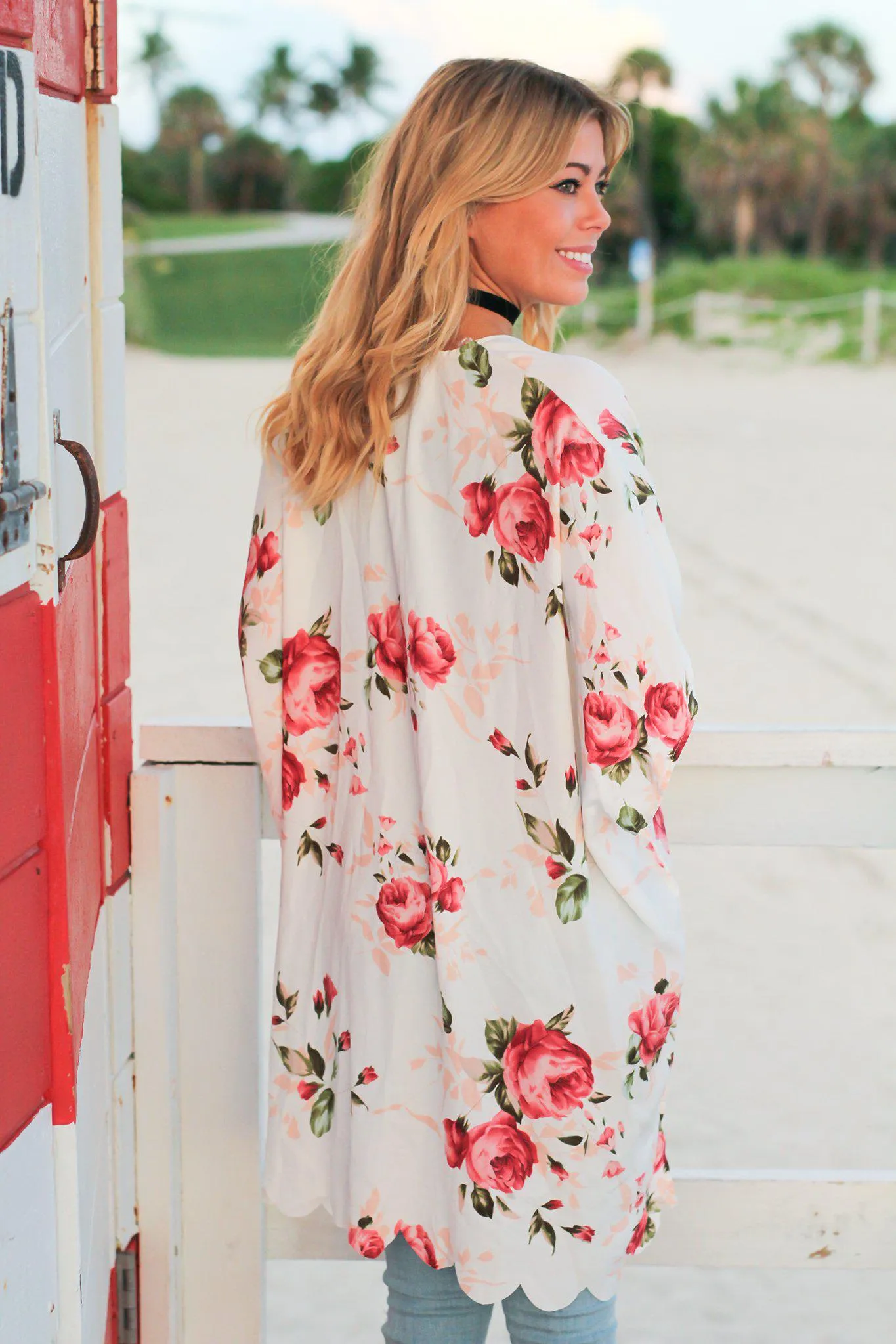 Ivory Floral Scalloped Kimono