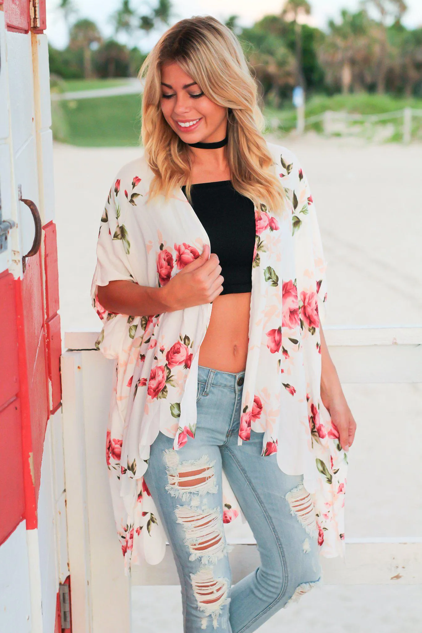 Ivory Floral Scalloped Kimono