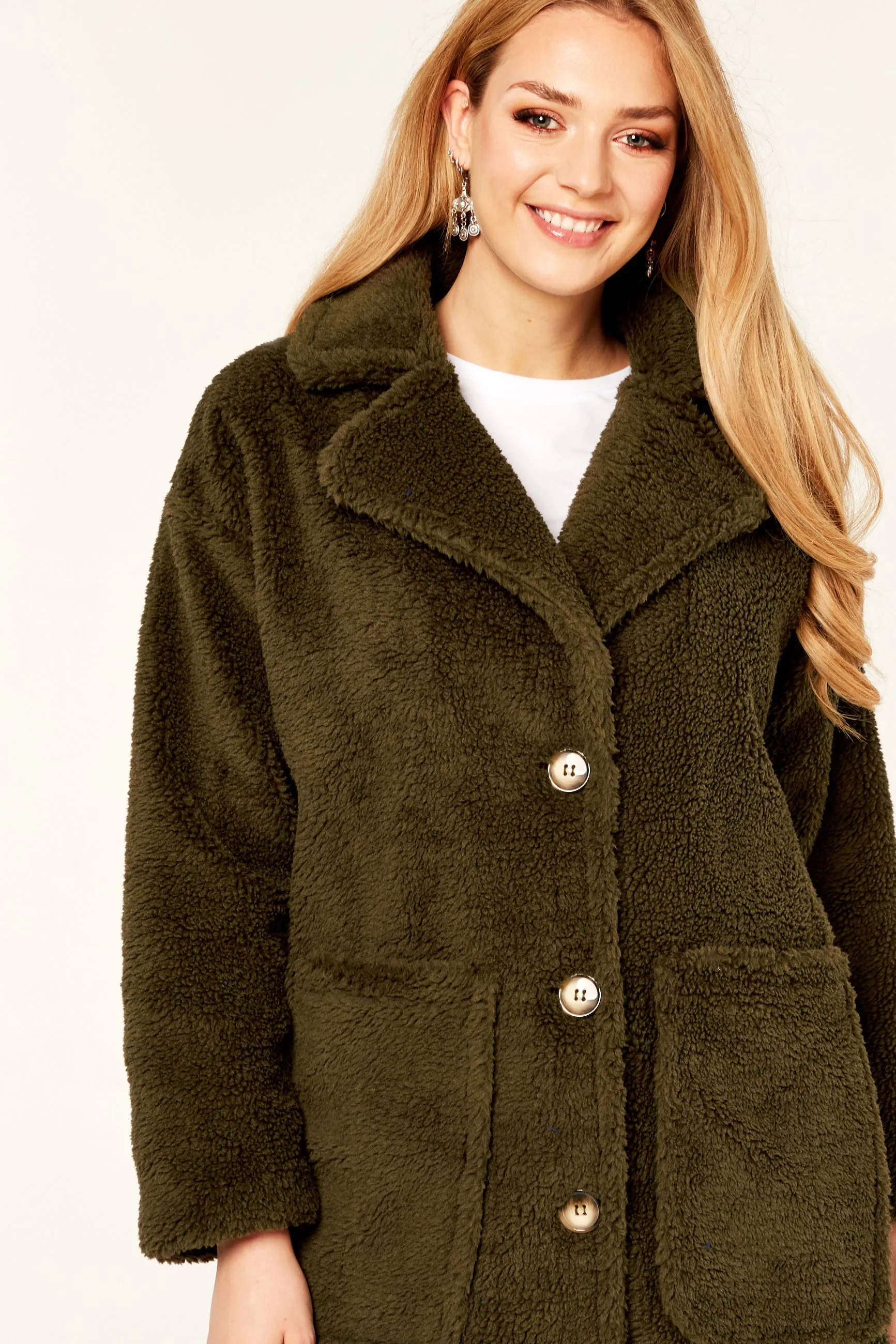 Khaki Longline Teddy Coat