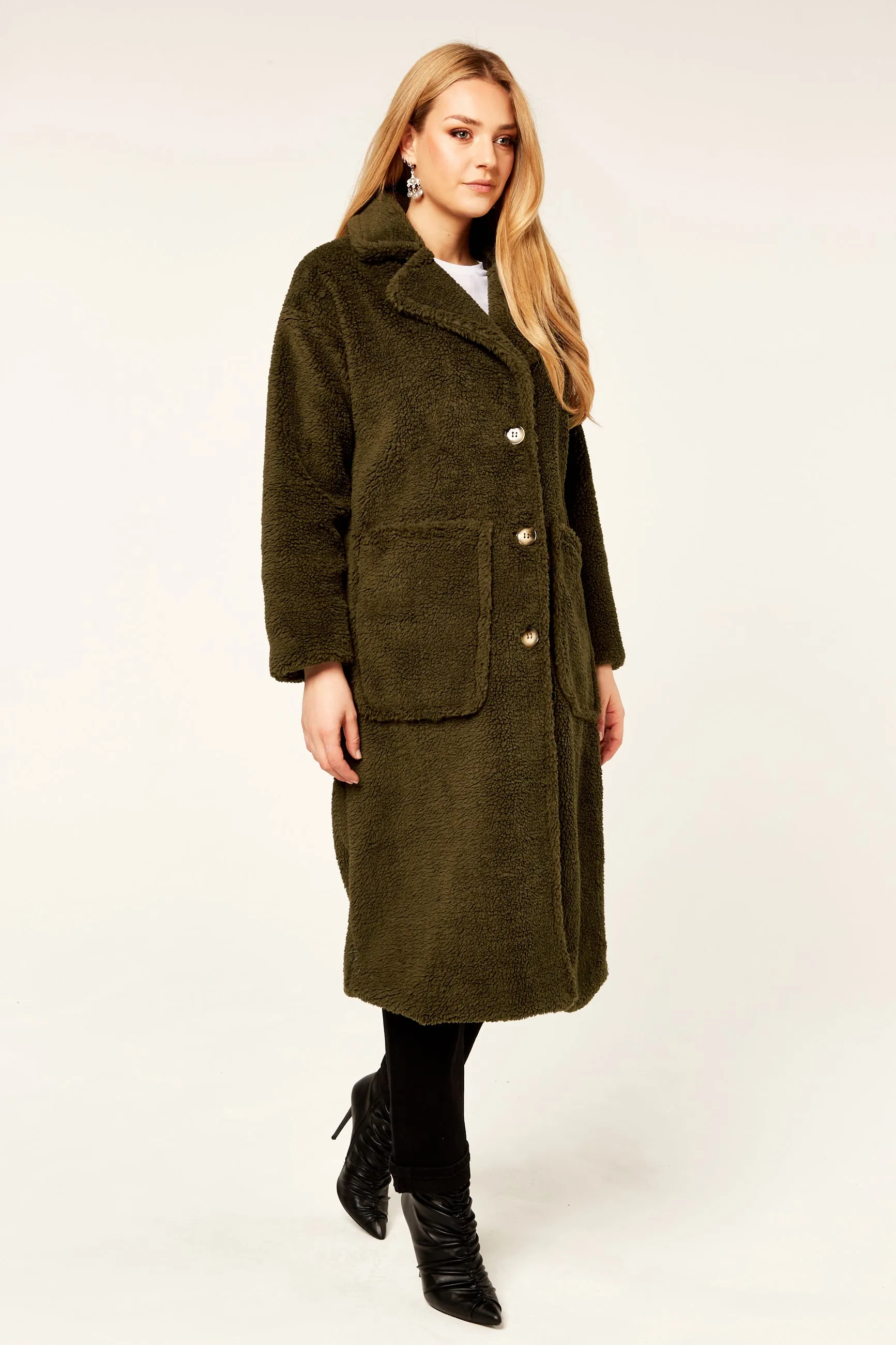 Khaki Longline Teddy Coat