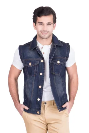 Krossstitch Sleeveless Dark Blue Men's Denim Jacket with Brass Button