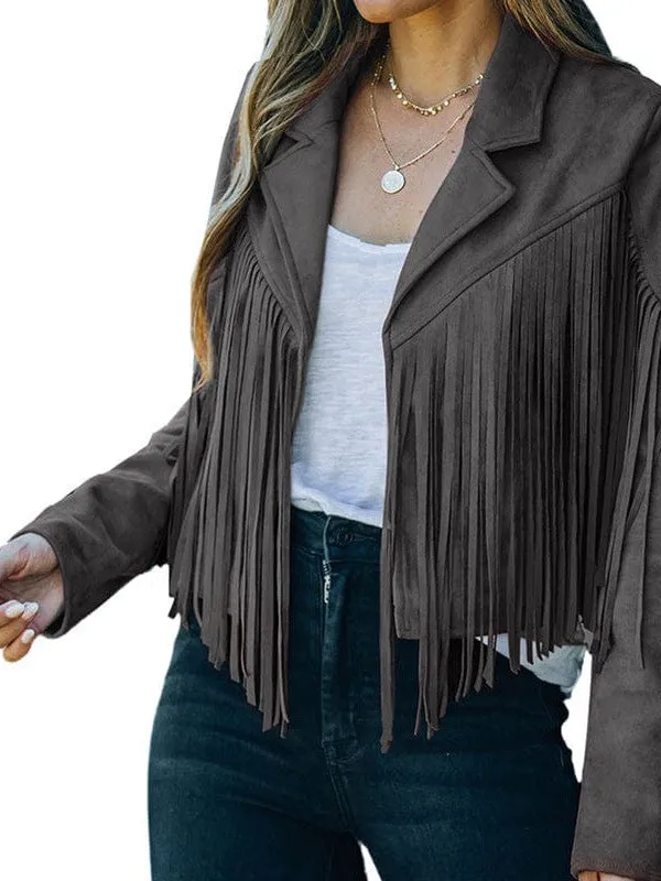 Lapel Fringe Long Sleeve Coat