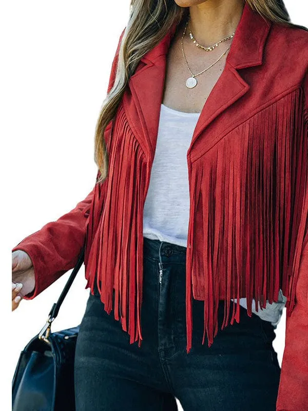 Lapel Fringe Long Sleeve Coat