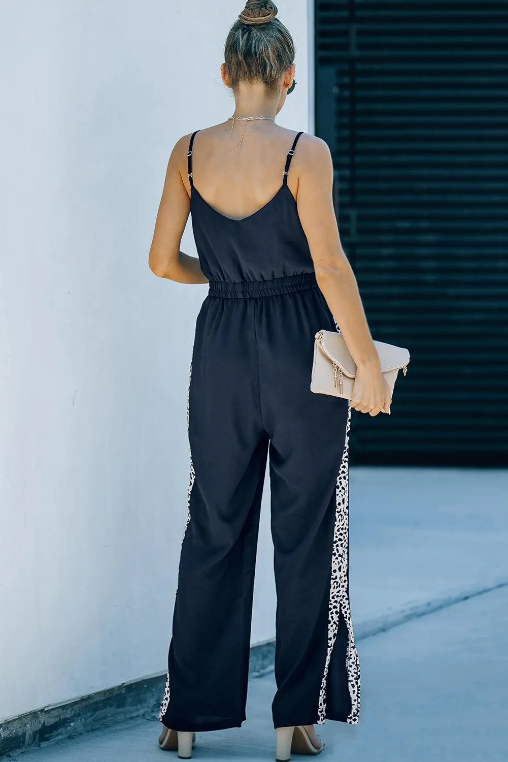 Leopard Contrast Spaghetti Strap Wide Leg Jumpsuit