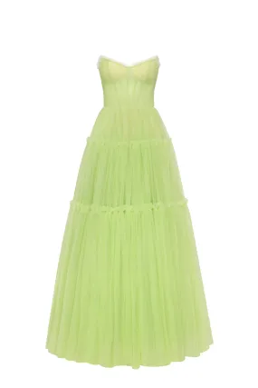 Light green tulle maxi dress with ruffled skirt, Garden of Eden