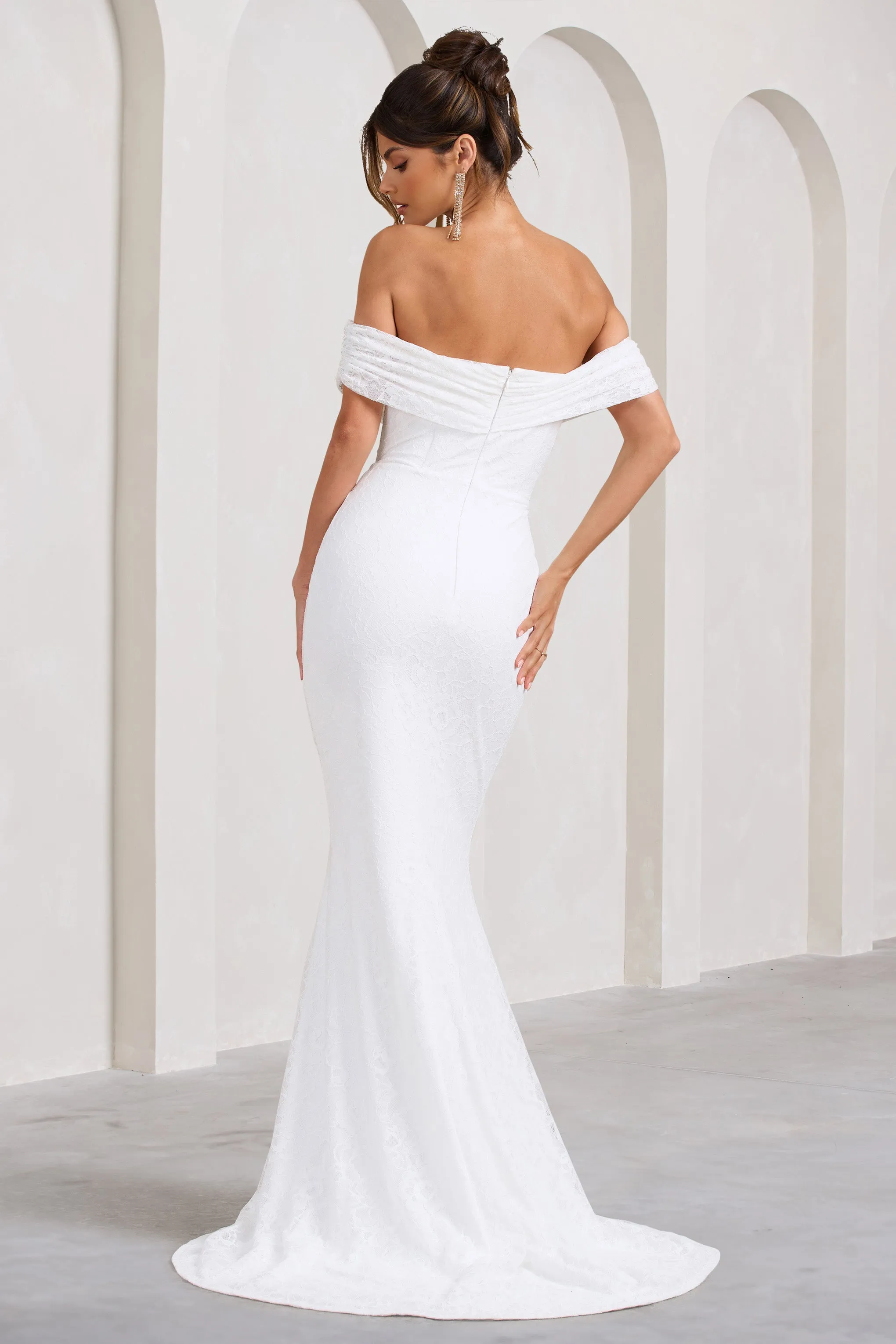 Lilibet | White Lace Bardot Split Maxi Dress