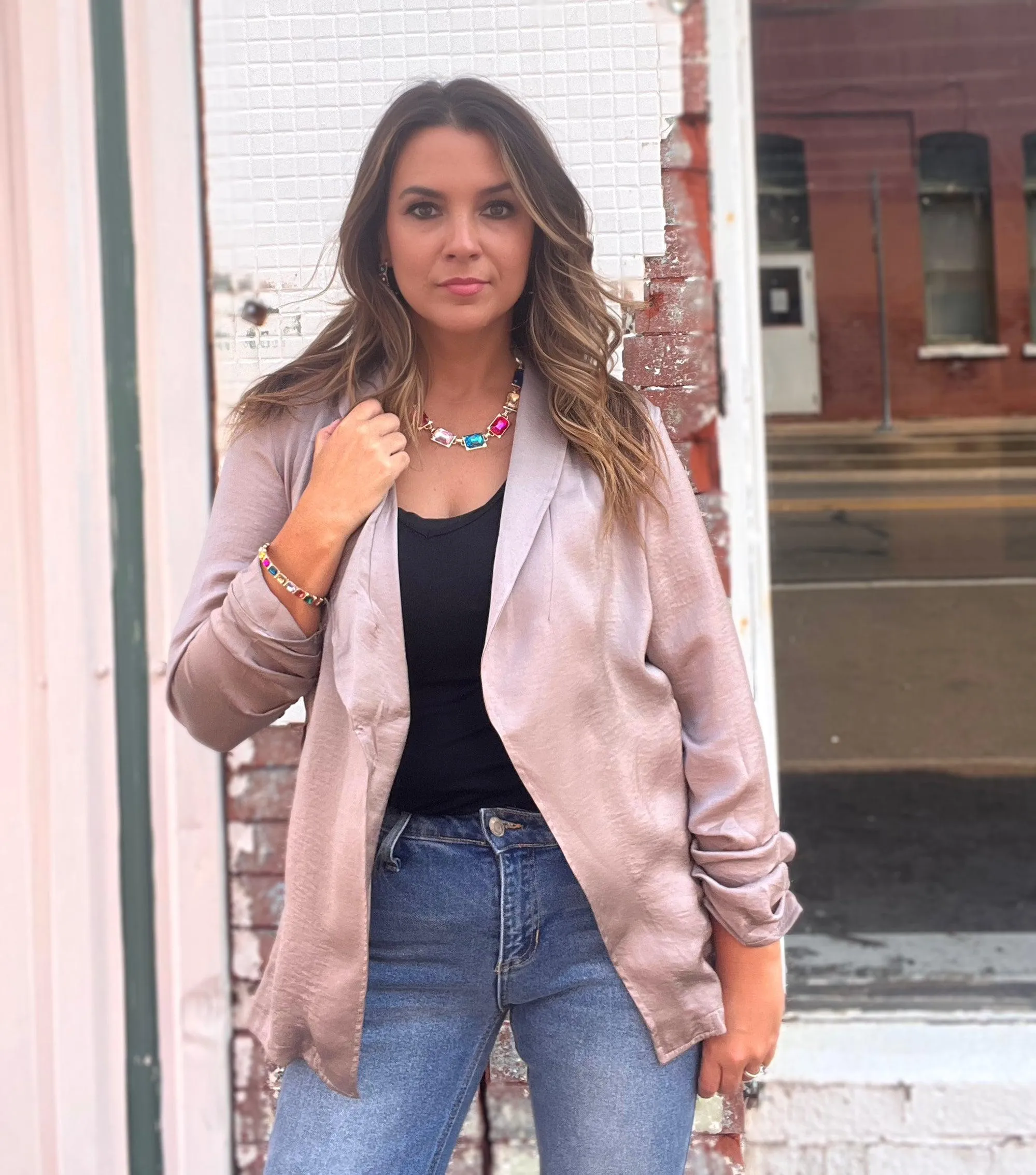 Lovely Times open Shine Blazer jacket in taupe