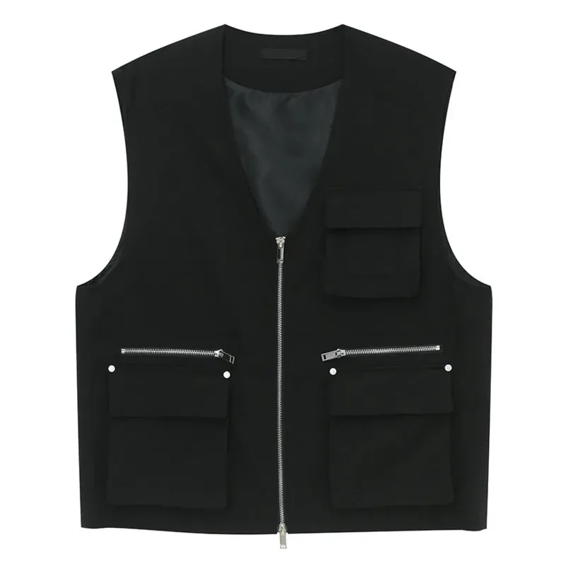 Male Black Vest New Sleeveless Collarless Zipper Design Large Pocket Cargo Men's Waistcoat Summer Fashion 9C6691