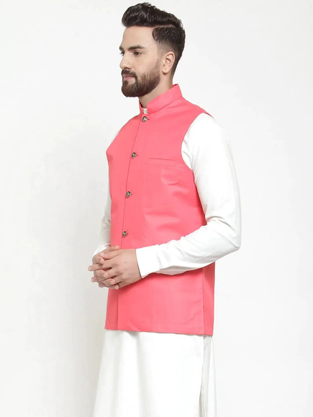 Men Peach Solid Nehru Jacket