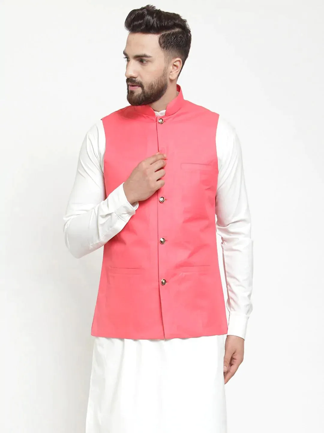 Men Peach Solid Nehru Jacket