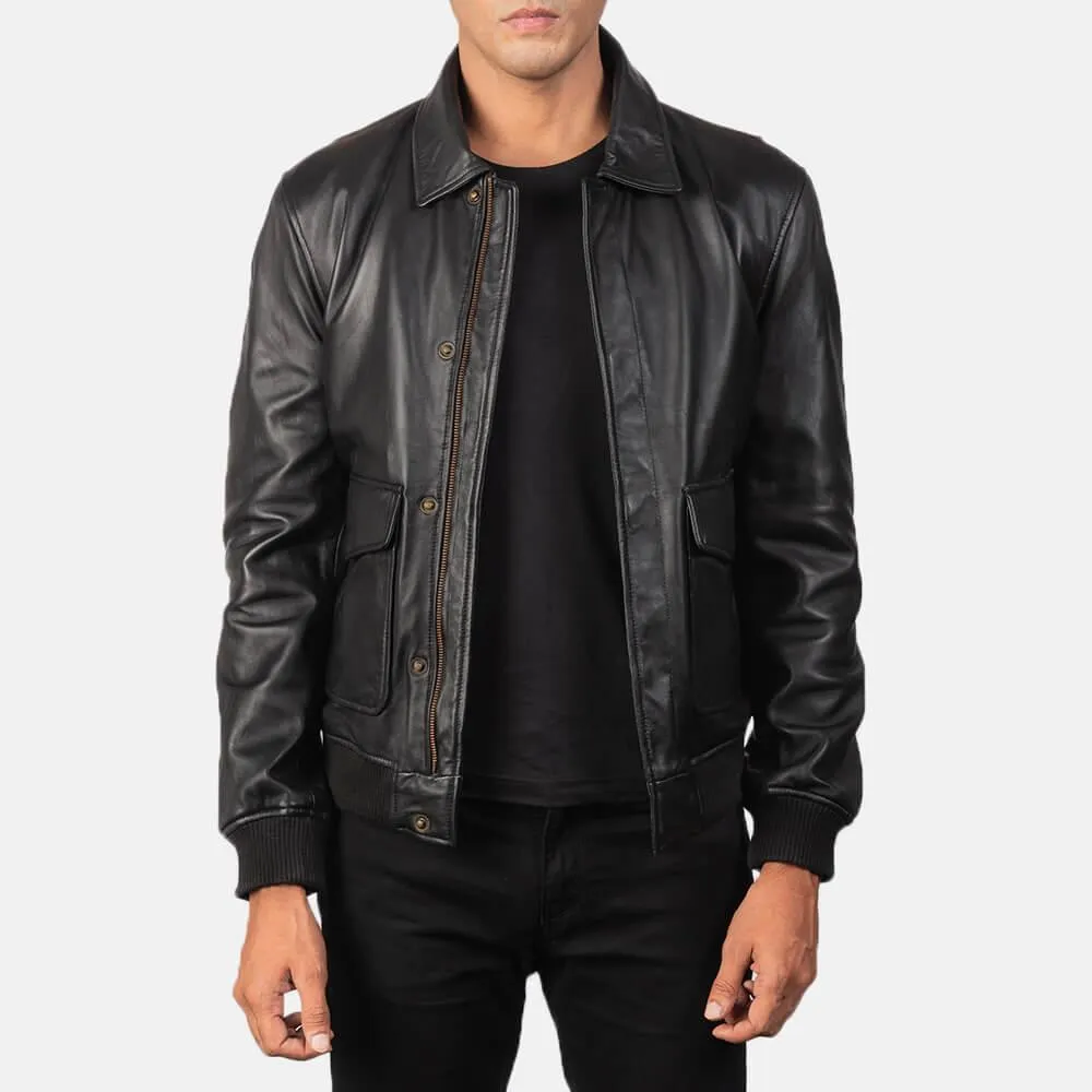 Mens Coffman Black Leather Bomber Jacket