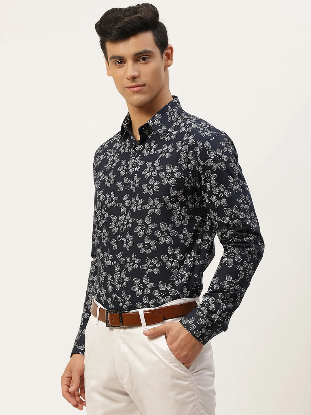 Mens Cotton Navy Blue & White Printed Formal Shirt - Sojanya