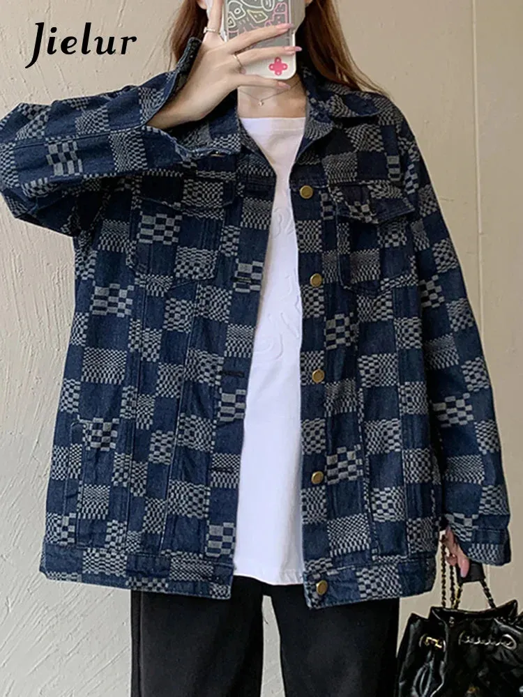 Metaversmall Autumn Chessboard Checker Denim Coat Women Korean Fashion Loose Retro Blue Black Plaid Denim Jackets Women Top