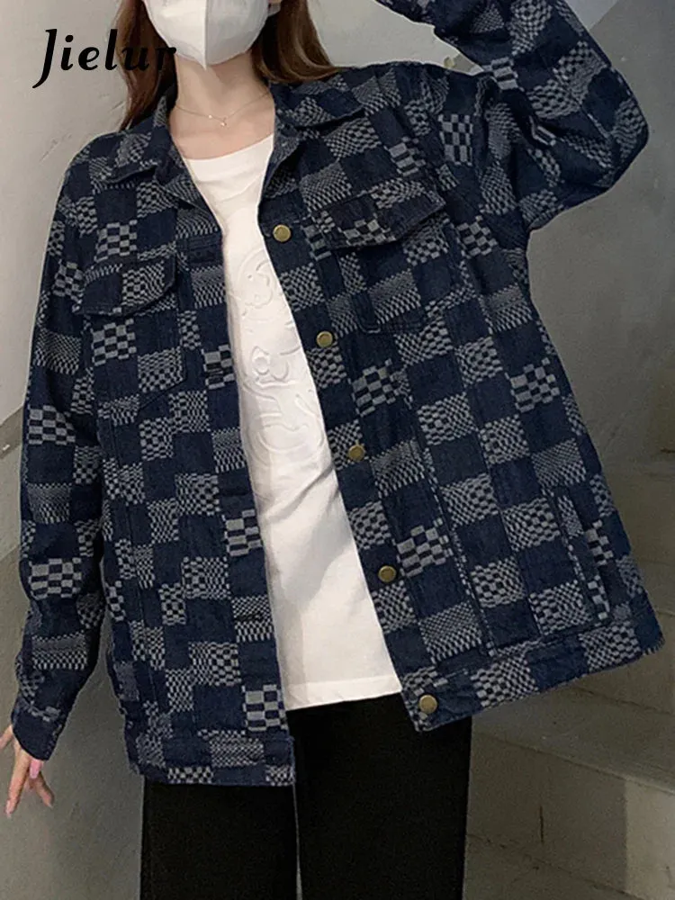 Metaversmall Autumn Chessboard Checker Denim Coat Women Korean Fashion Loose Retro Blue Black Plaid Denim Jackets Women Top