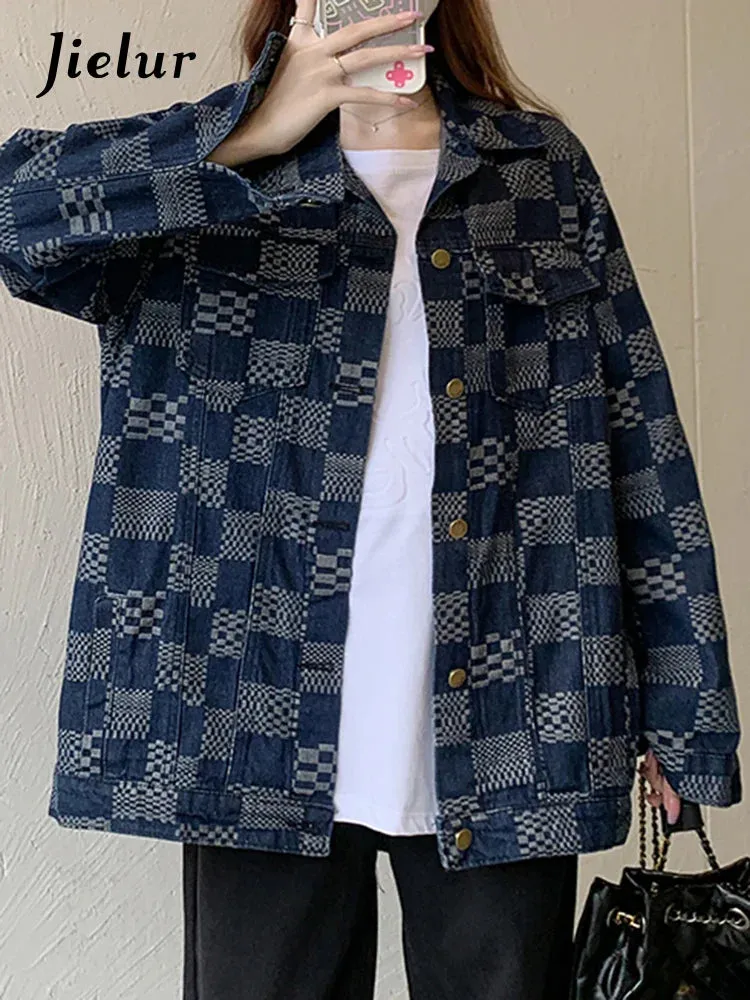 Metaversmall Autumn Chessboard Checker Denim Coat Women Korean Fashion Loose Retro Blue Black Plaid Denim Jackets Women Top