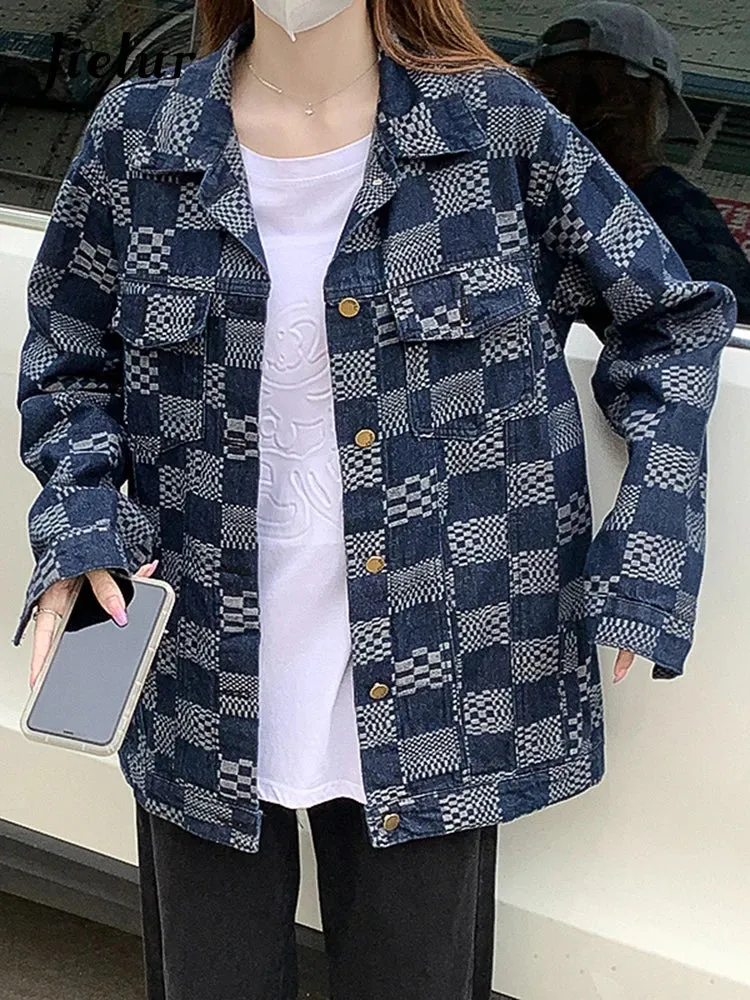 Metaversmall Autumn Chessboard Checker Denim Coat Women Korean Fashion Loose Retro Blue Black Plaid Denim Jackets Women Top