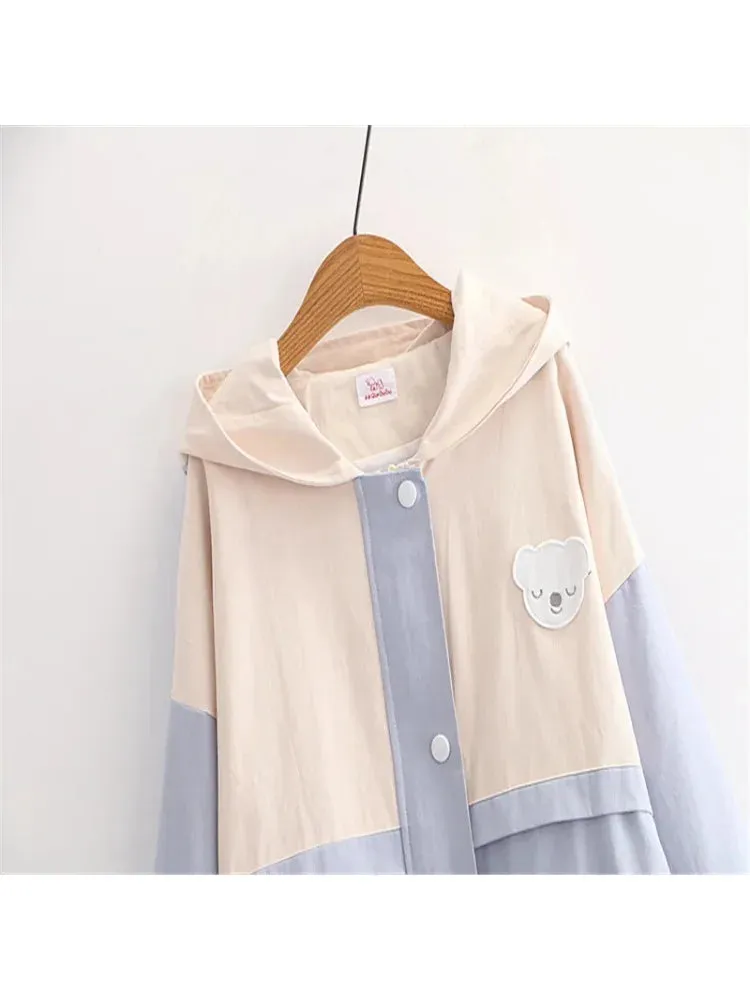 Metaversmall Cartoon Bear Appliques Sweet Style Jacket For Women Autumn Winter Zipper Long Sleeve Basic Jackets Outerwear Coat