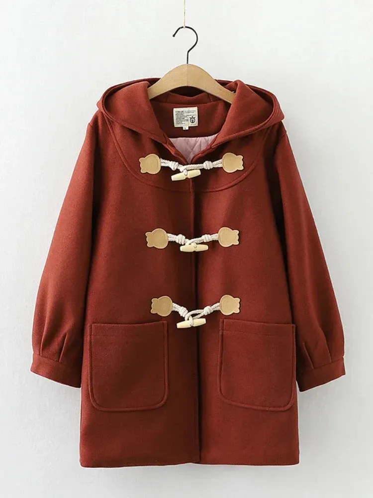 Metaversmall Purple Solid Warm Wool Blends Long Hooded Coat Straight Women Horn Button  Casual Female Warmness Outwear