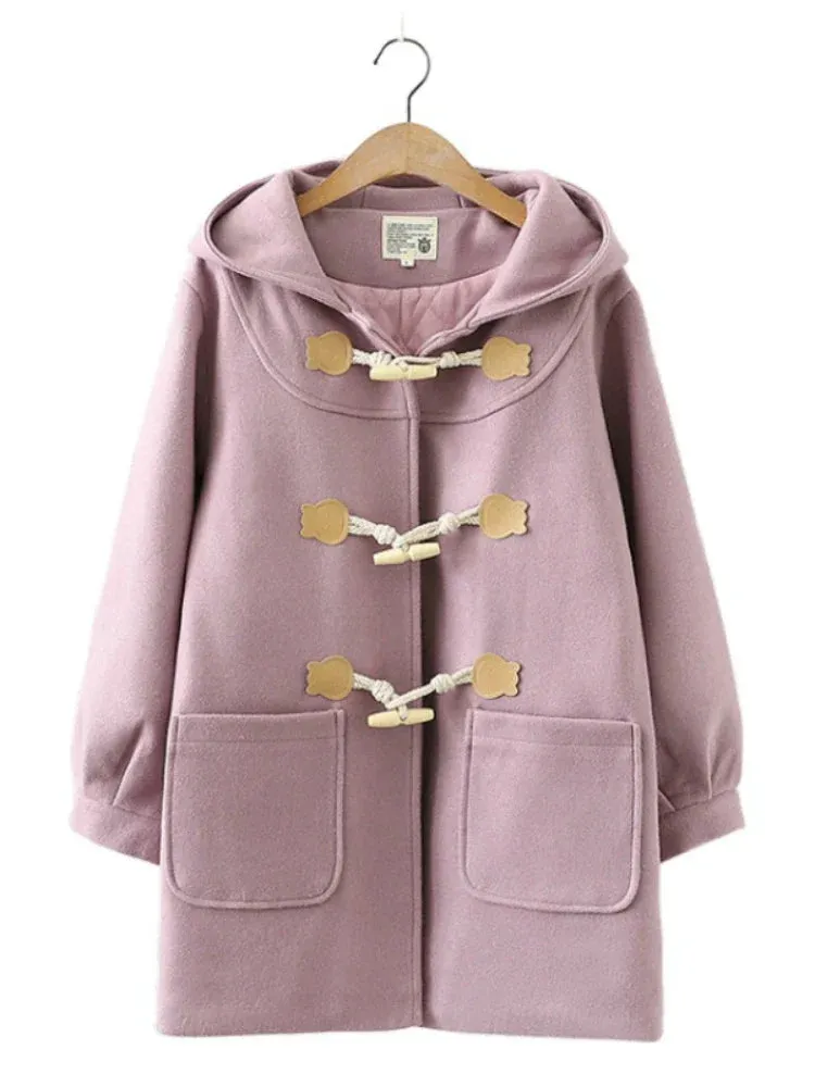 Metaversmall Purple Solid Warm Wool Blends Long Hooded Coat Straight Women Horn Button  Casual Female Warmness Outwear