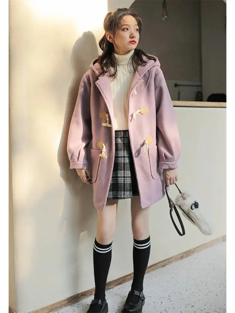 Metaversmall Purple Solid Warm Wool Blends Long Hooded Coat Straight Women Horn Button  Casual Female Warmness Outwear