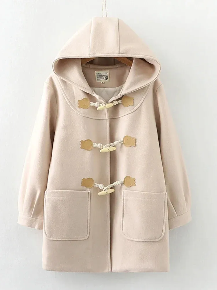 Metaversmall Purple Solid Warm Wool Blends Long Hooded Coat Straight Women Horn Button  Casual Female Warmness Outwear