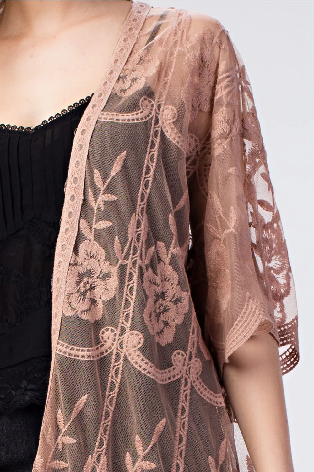 Milan Embroidered Lace Kimono, Mocha