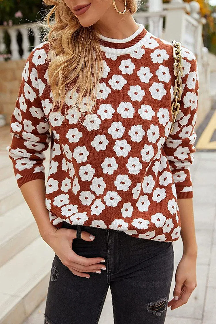 Mock Neck Floral Print Knitted Sweater Color Block Light Weight Sweater