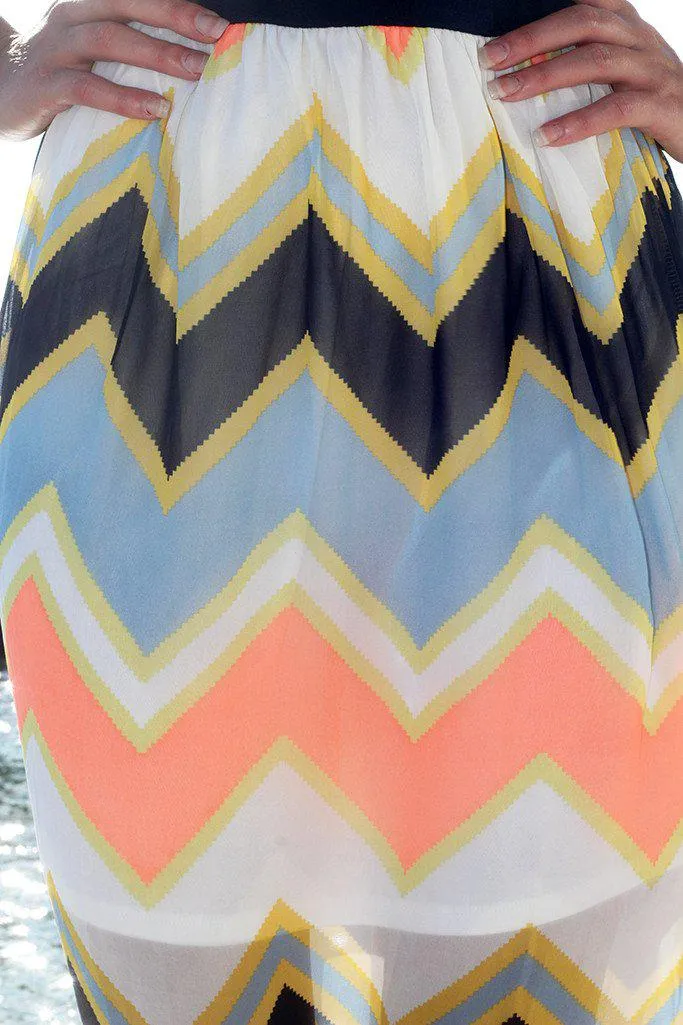 Navy and Neon Peach Chevron Maxi Dress