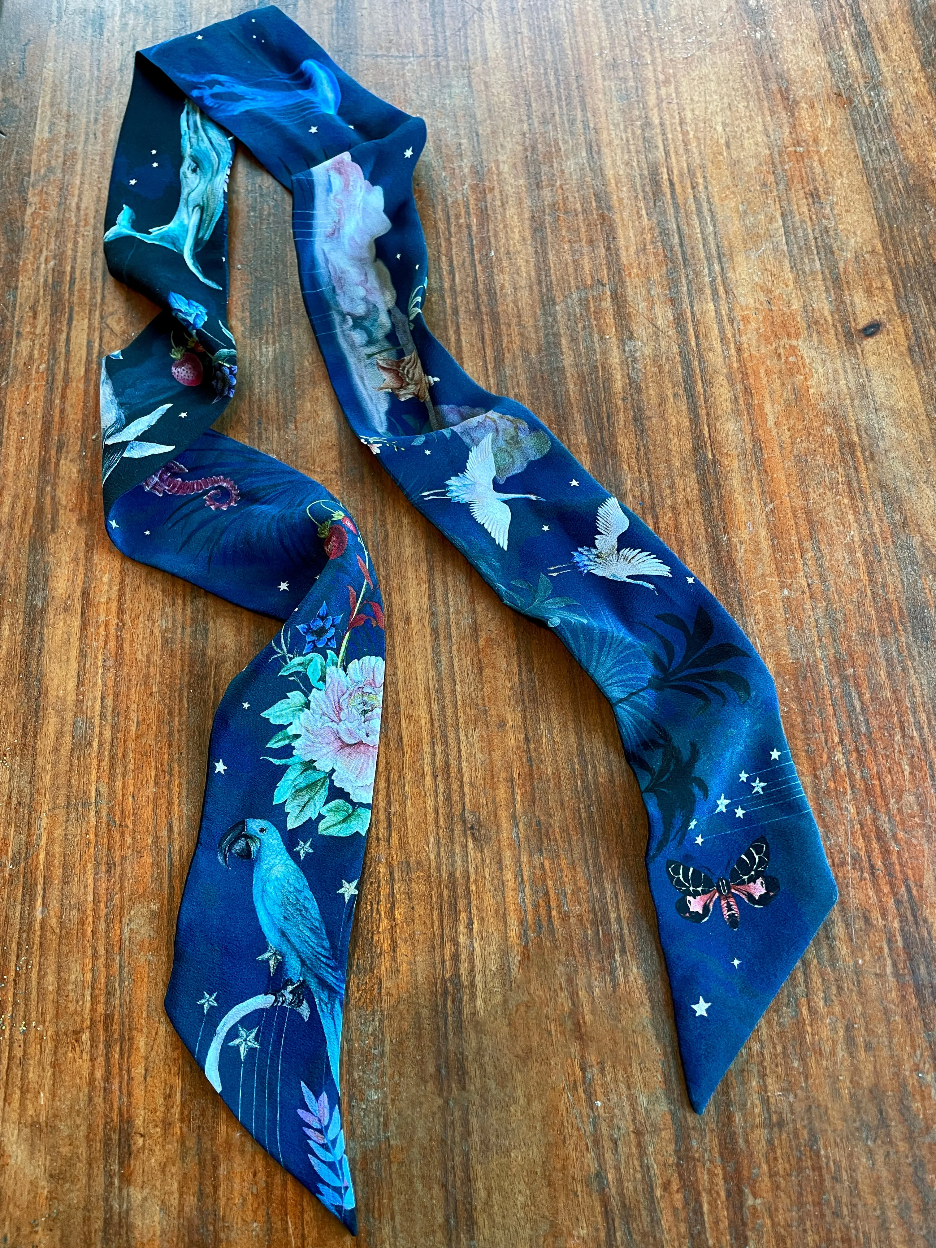 Navy 'Skinny' Silk scarf in the botanical  'Wonderous' Print, delicate, lightweight scarf accessory