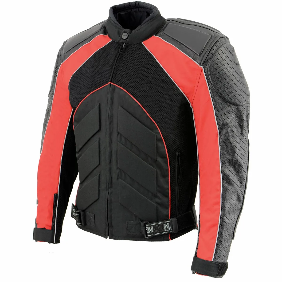 NexGen SH2153 Men's Combo Black and Red Armored Leather and Textile with Mesh Moto Jacket