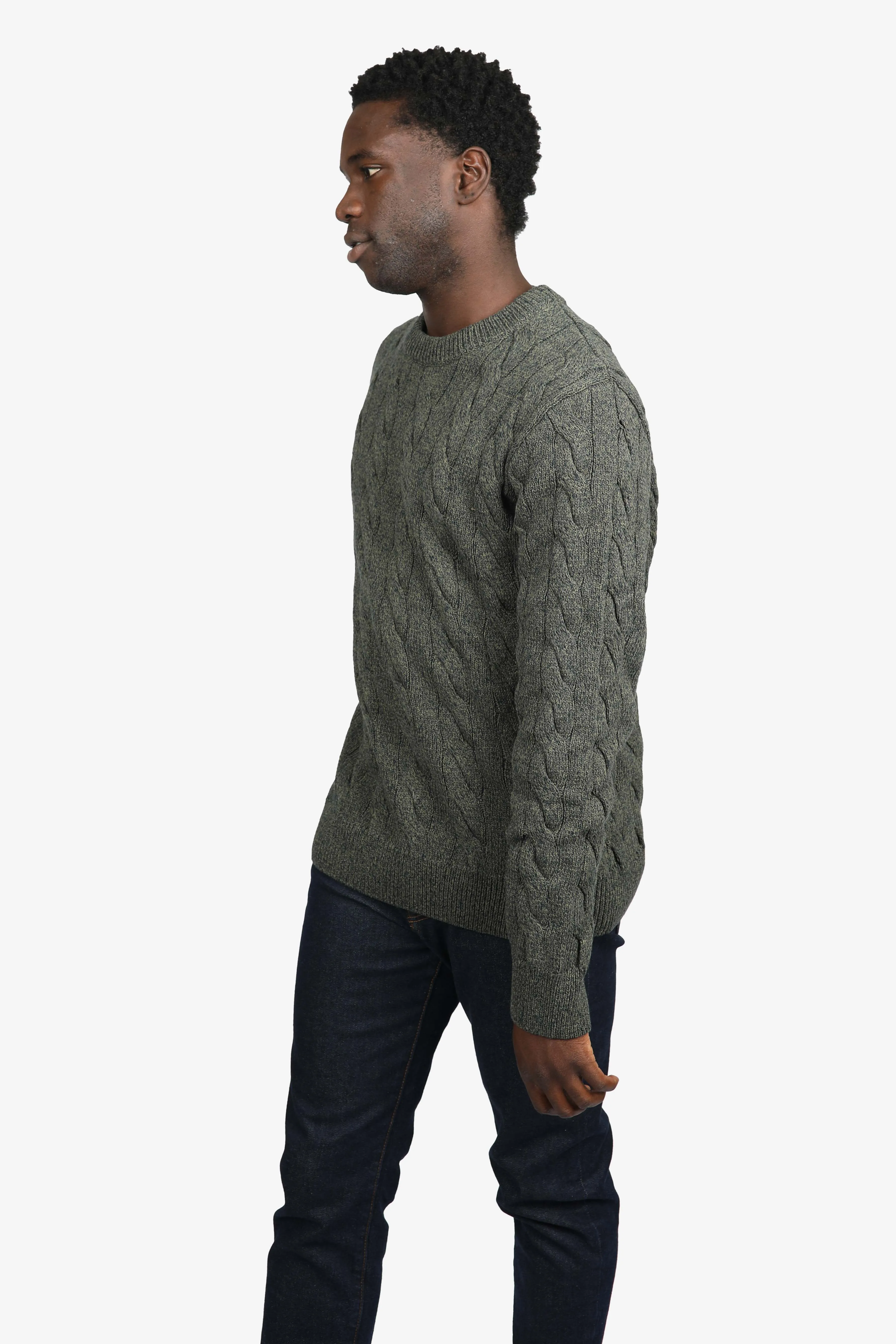 Olive Cotton Chunky Cable Crew Neck Jumper