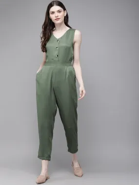 Olive Sleevless Tapered Belted Jumpsuit