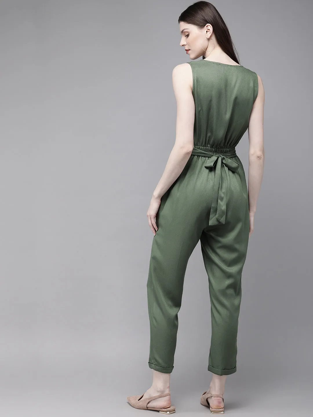 Olive Sleevless Tapered Belted Jumpsuit