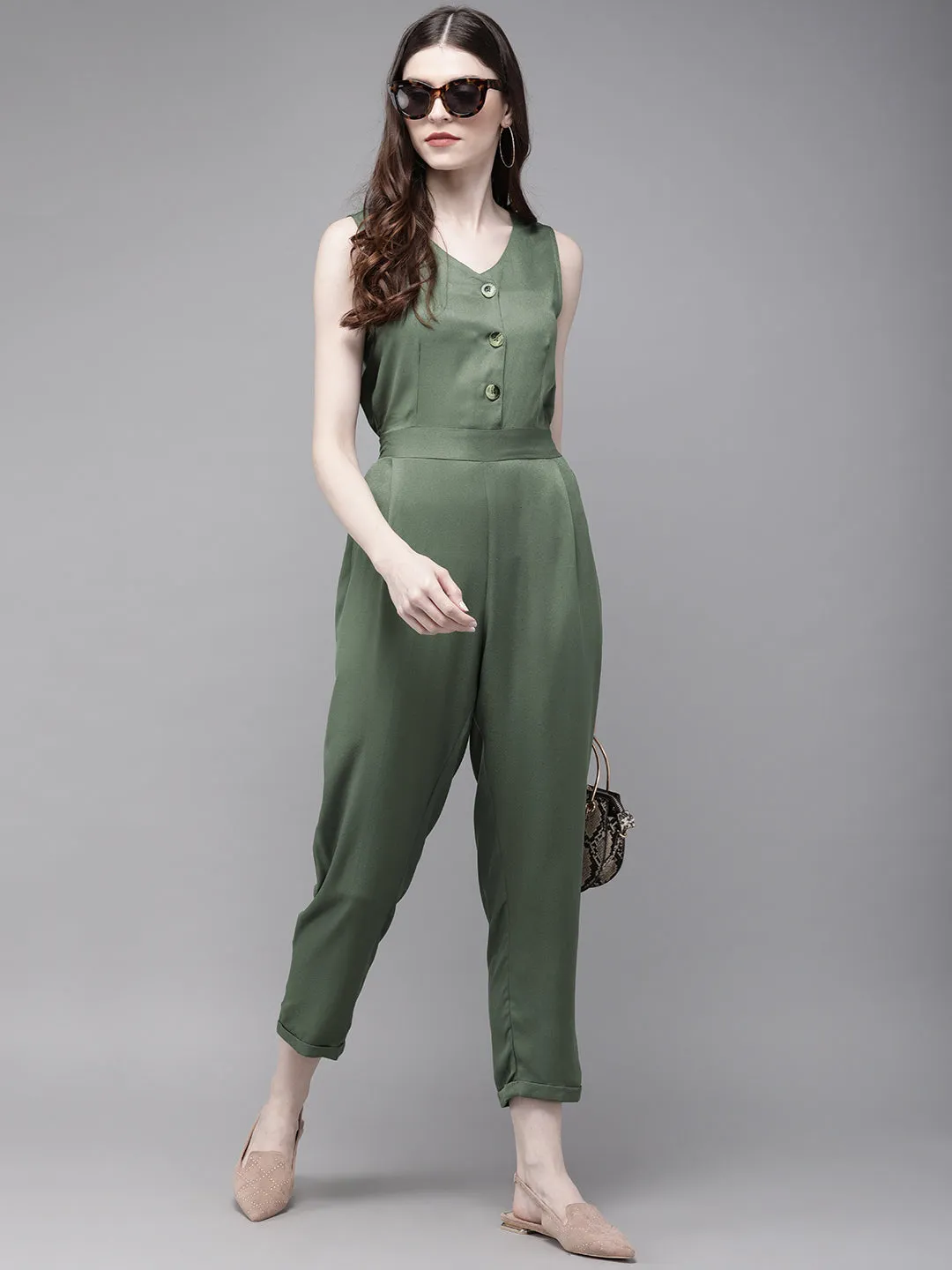 Olive Sleevless Tapered Belted Jumpsuit