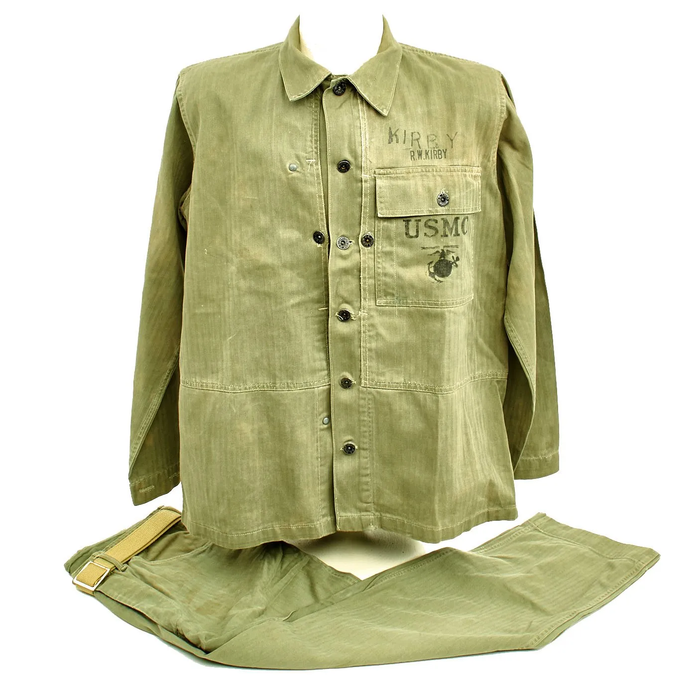 Original U.S. WWII USMC HBT Herringbone Twill P44 Combat Field Utility Named Set - Jacket and Pants