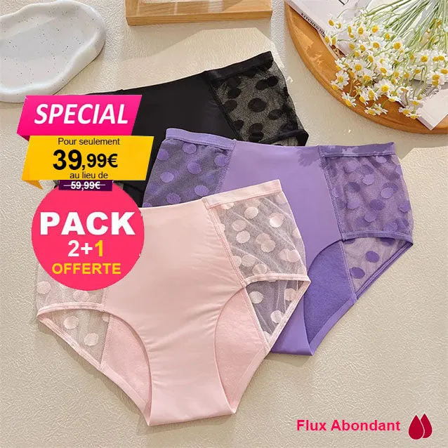 Pack de 3 Culottes Menstruelles en dentelle 4 Couches ultra absorbantes