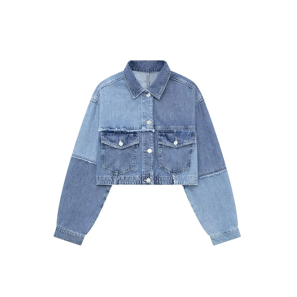 Patchwork Button Denim Coats For Women Lapel Long Sleeve Hit Color Spliced Pockets Jackets Female Fashion Clothing