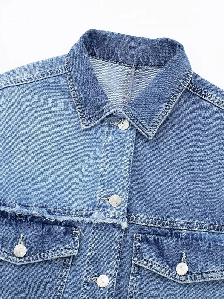 Patchwork Button Denim Coats For Women Lapel Long Sleeve Hit Color Spliced Pockets Jackets Female Fashion Clothing