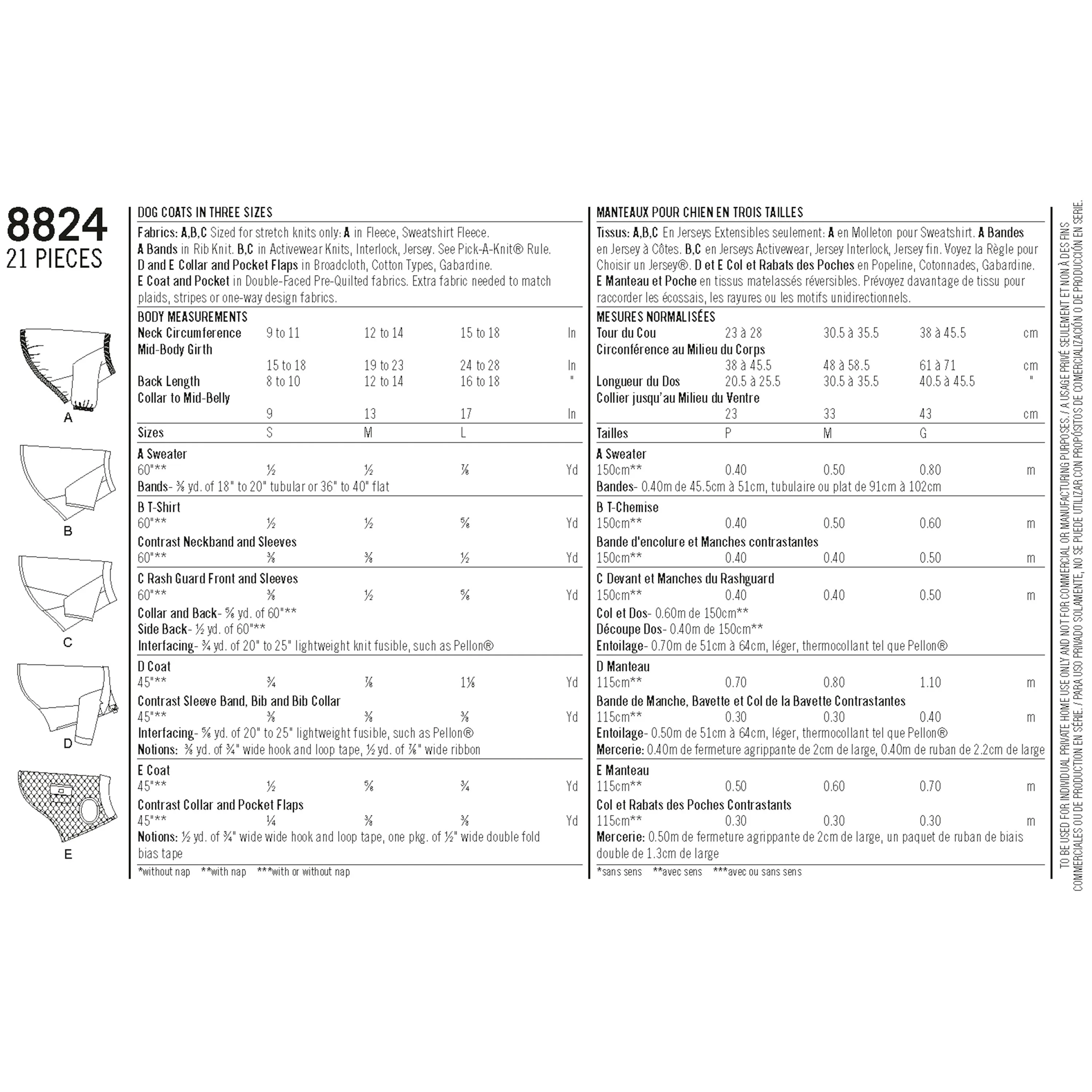 Pattern 8824 Dog Coats in Three Sizes