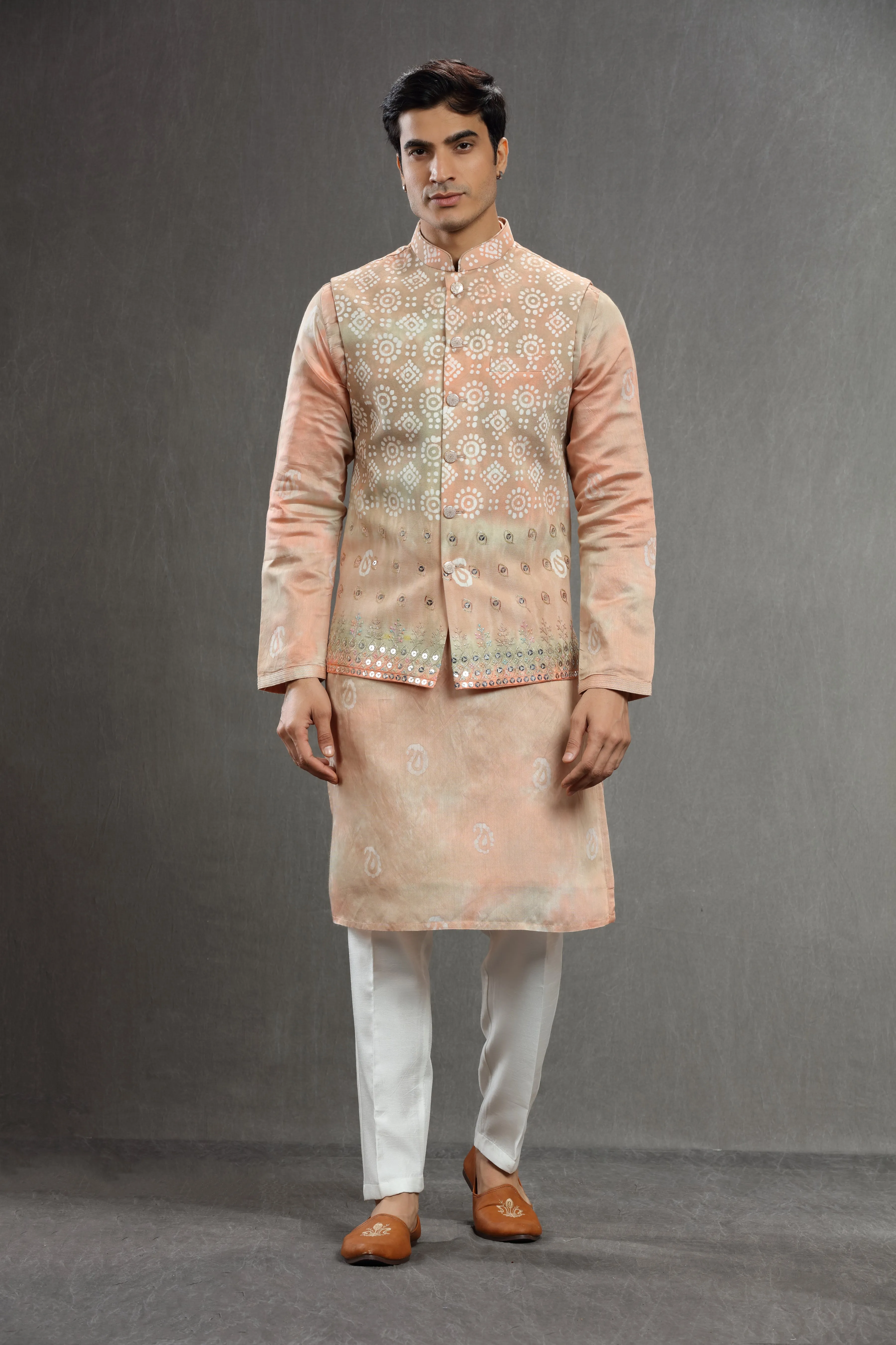 peach  silk Batik embroidered jacket set