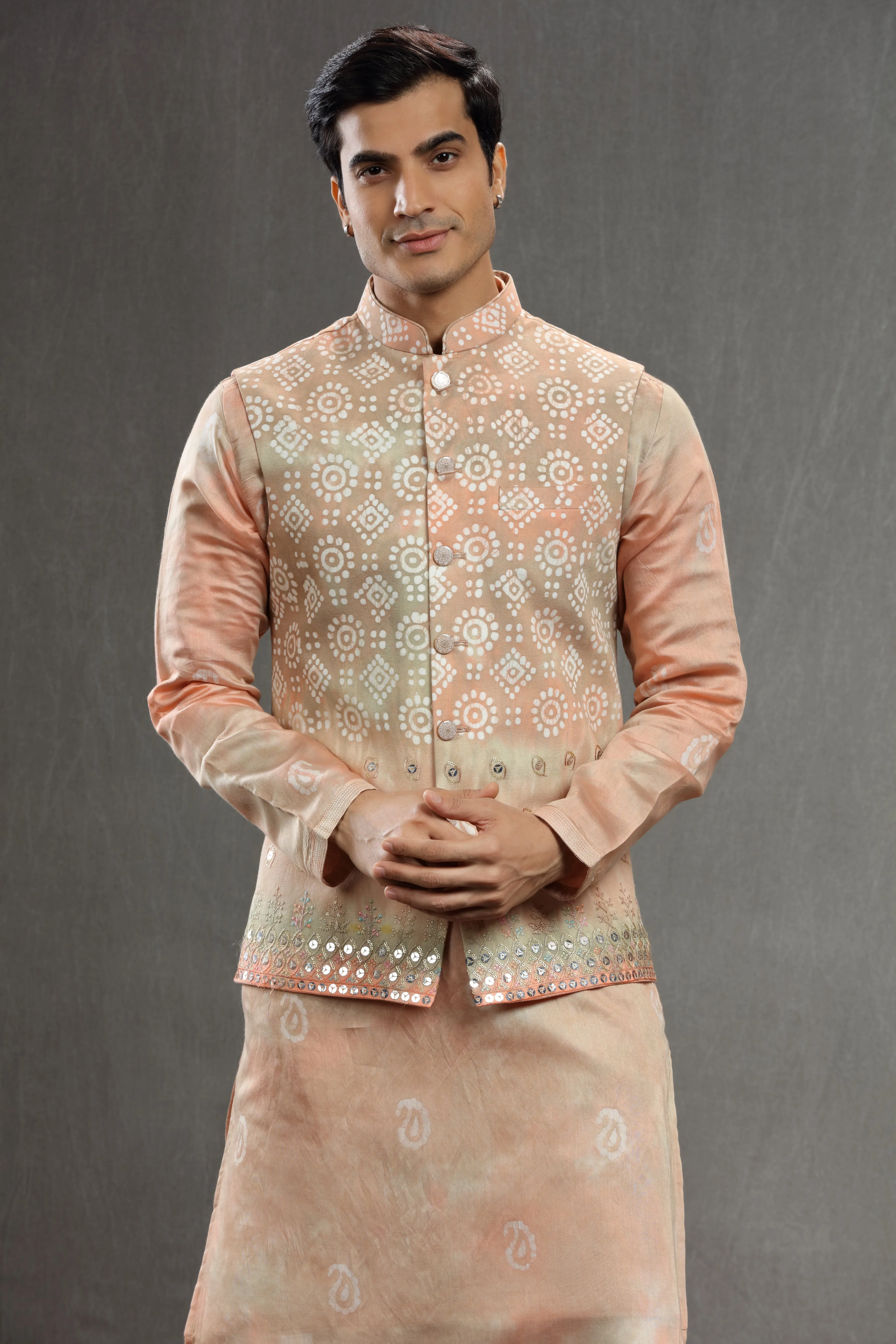 peach  silk Batik embroidered jacket set