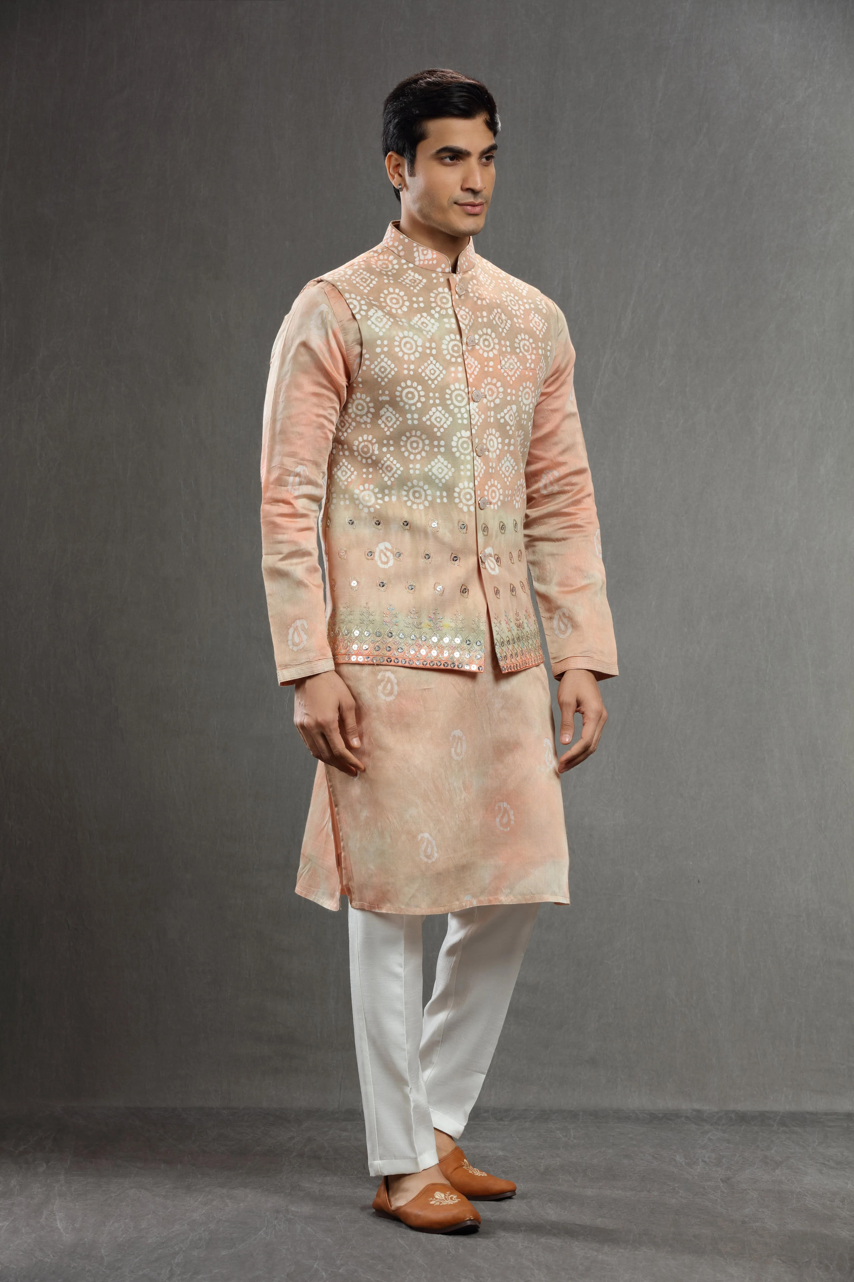 peach  silk Batik embroidered jacket set