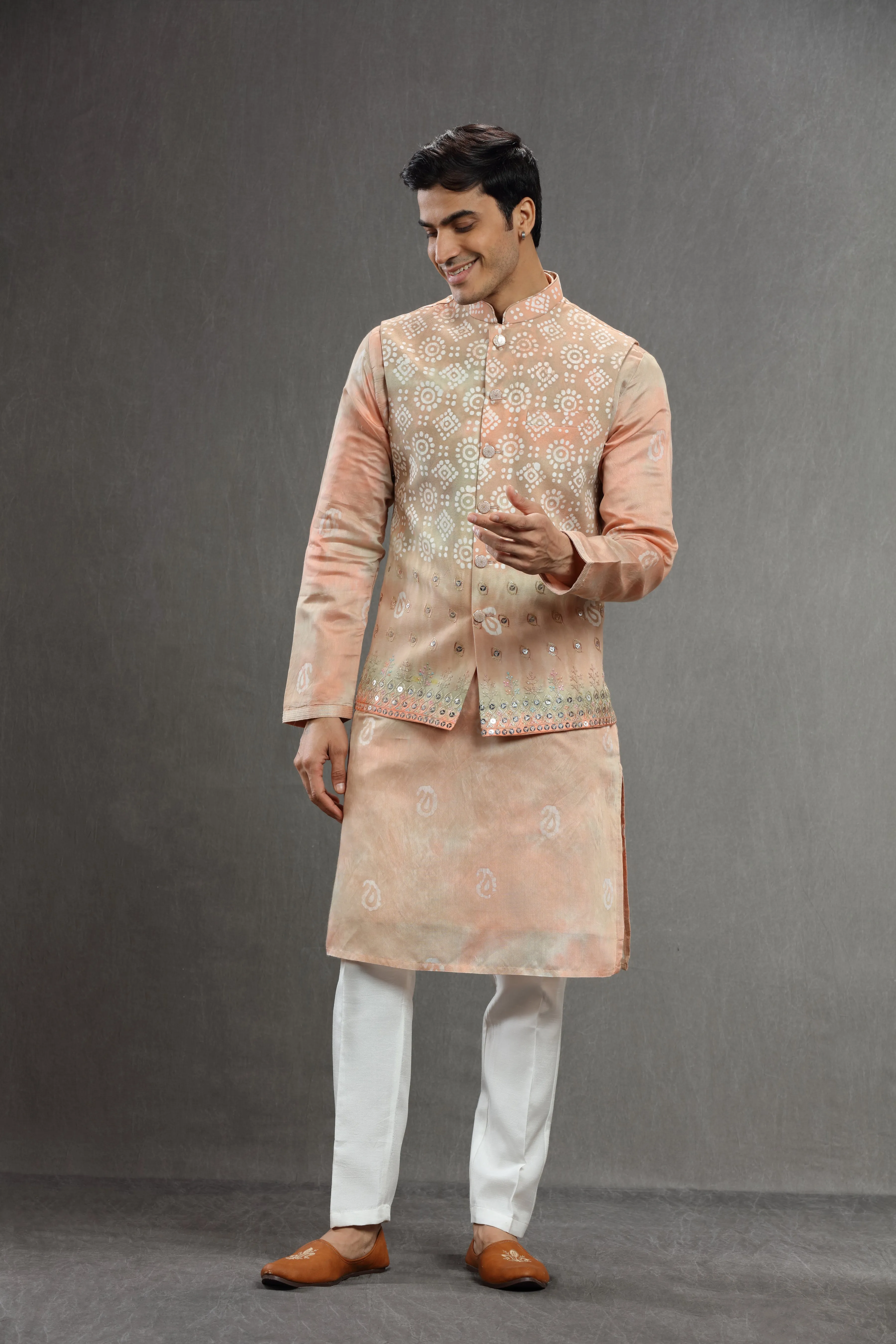 peach  silk Batik embroidered jacket set