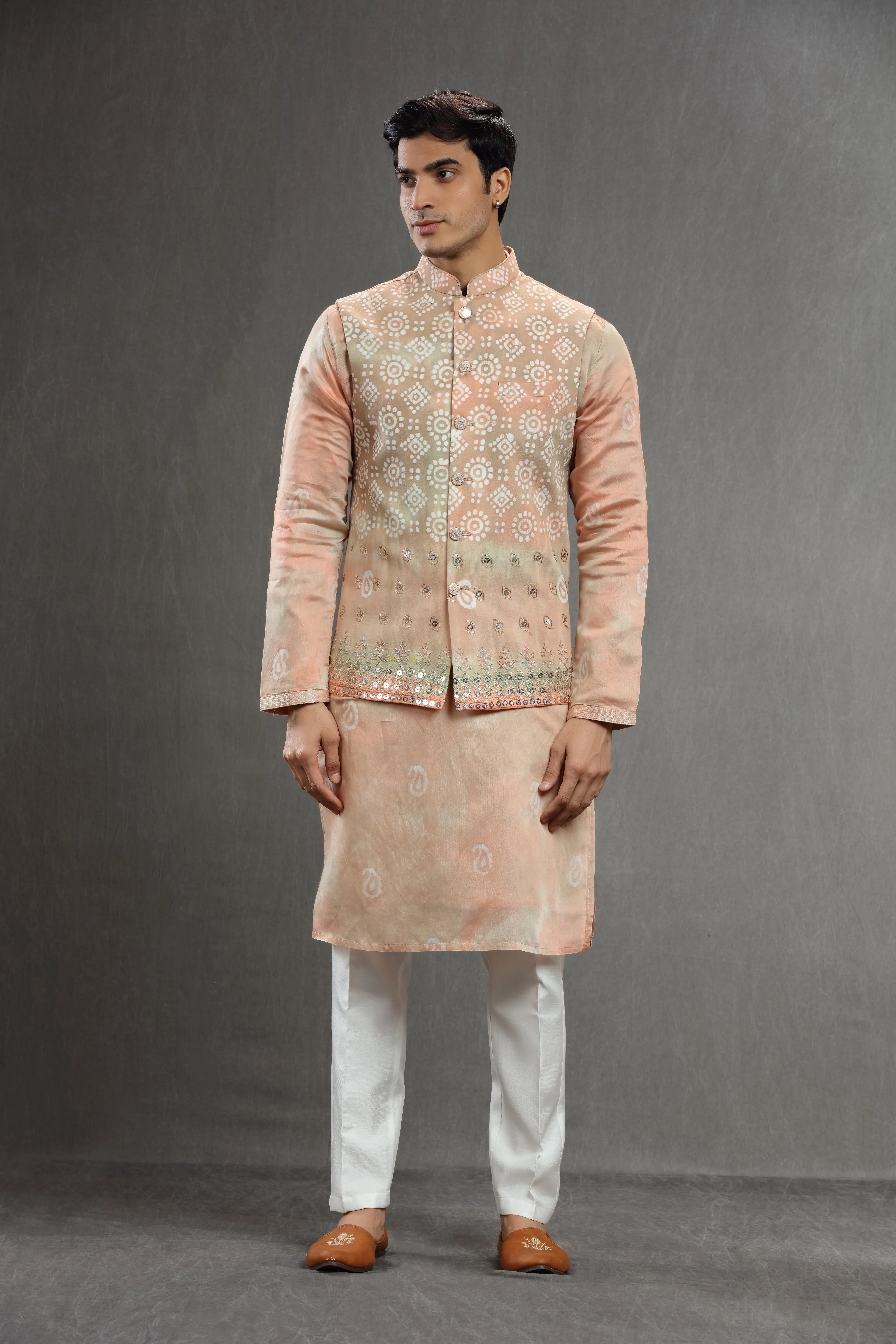 peach  silk Batik embroidered jacket set