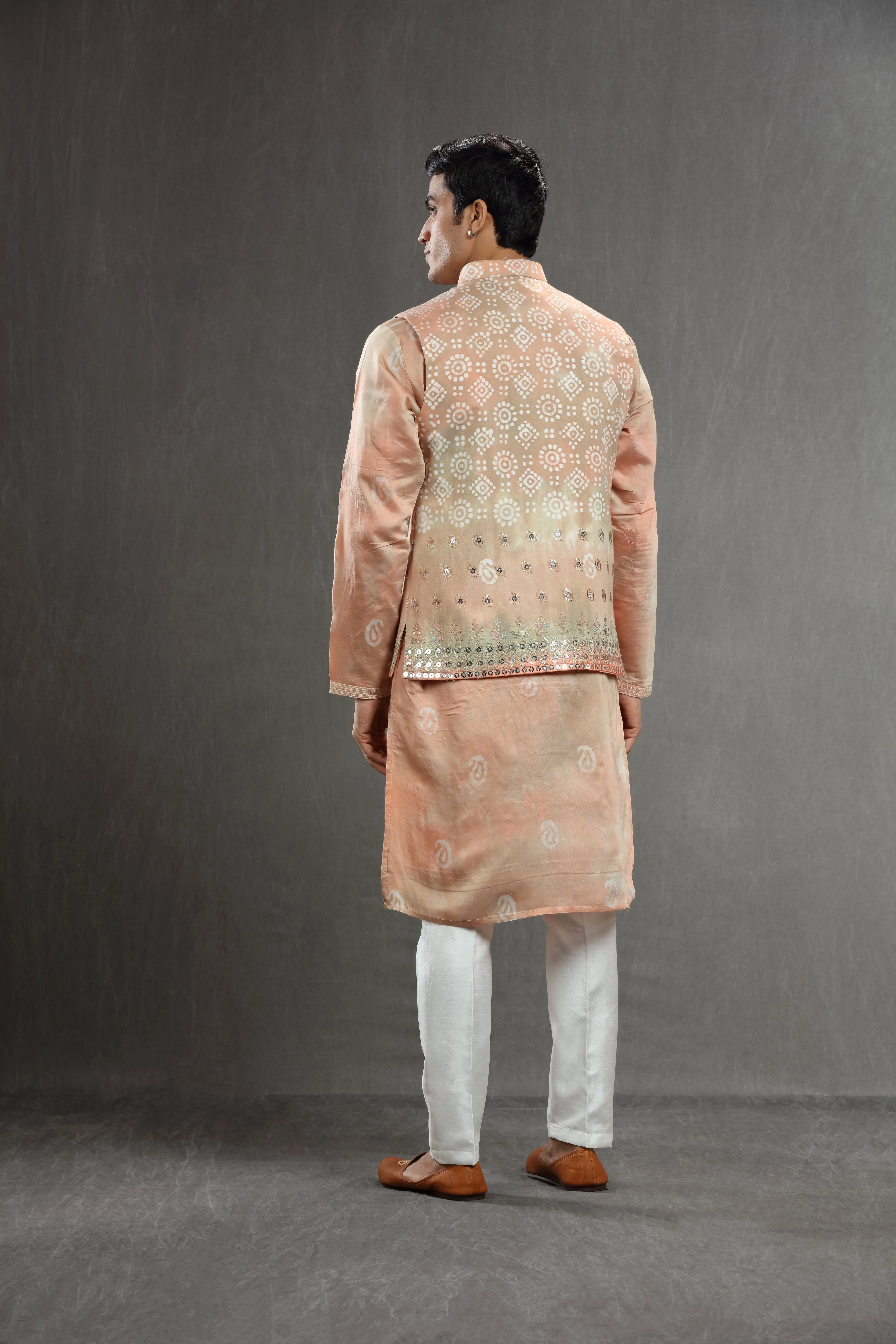 peach  silk Batik embroidered jacket set