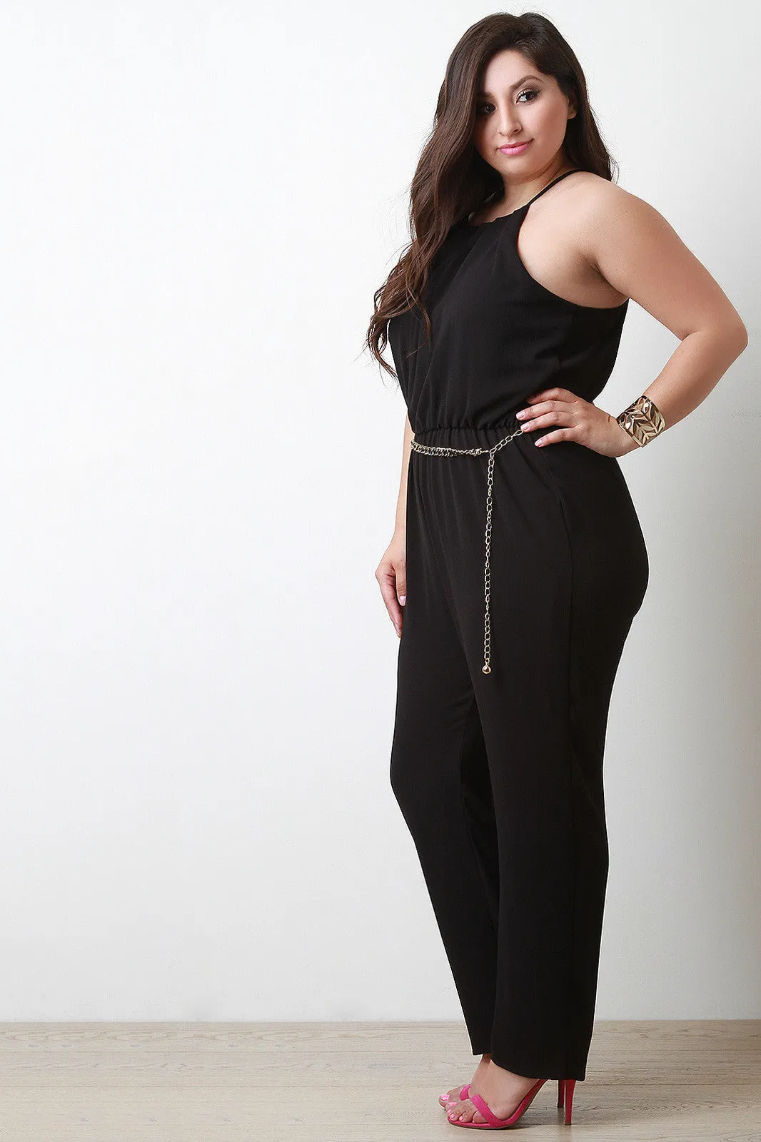 Pleated Top Sleeveless Straight Leg Jumpsuit