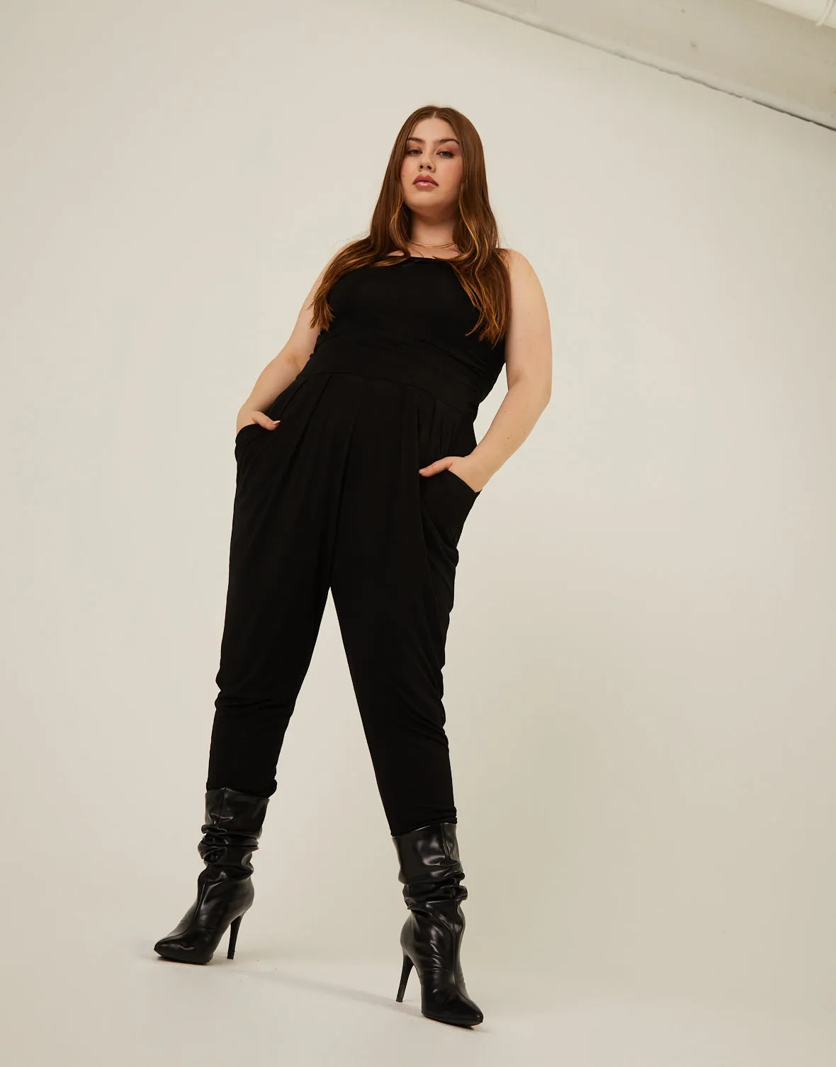 Plus Size Ruched Knit Jumpsuit